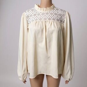 SHEIN Cream Lace Mock Neck Long Sleeve Blouse Women XL 12 Ruffled